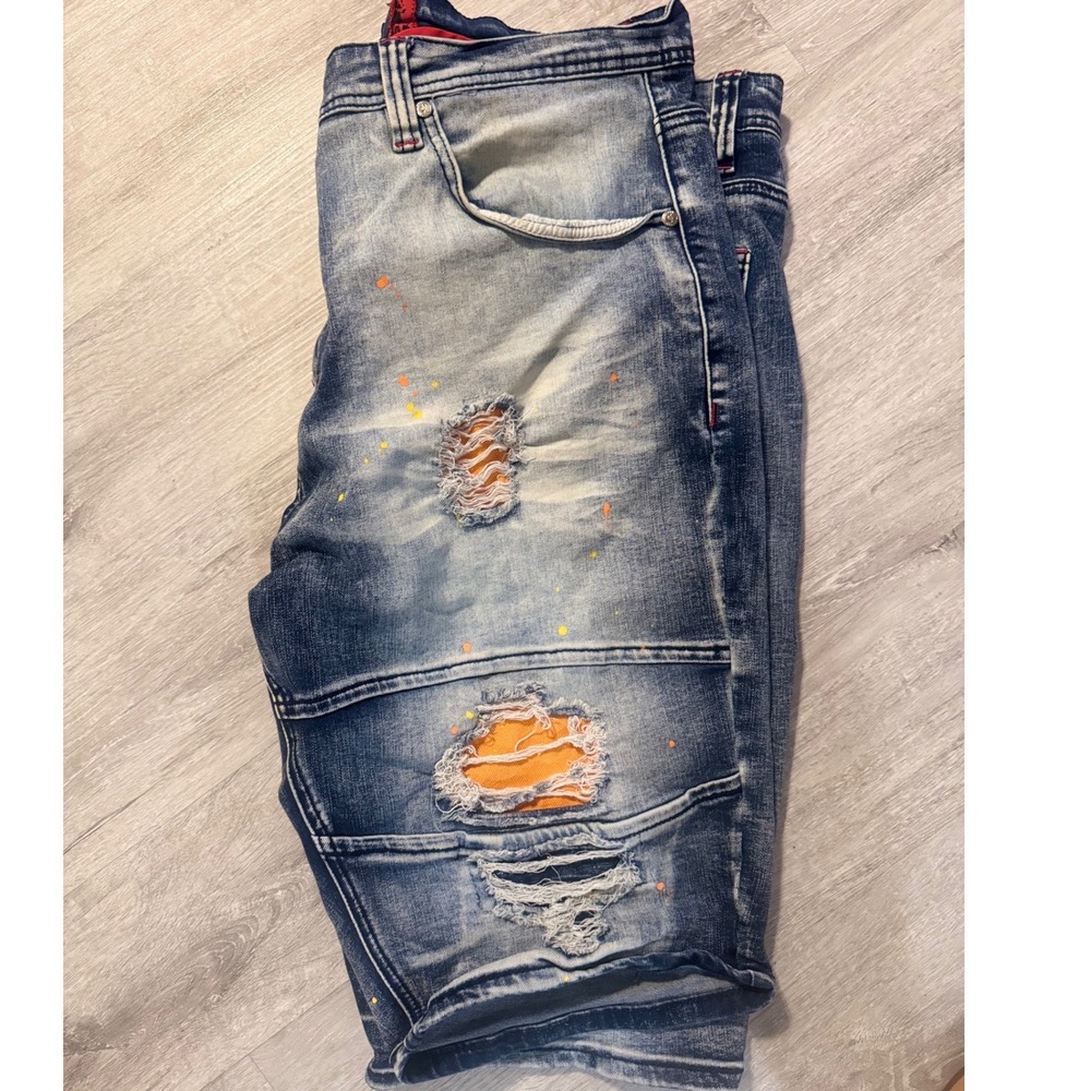Makobi Mens Distressed Denim Shorts Blue Paint Splatter Ripped Moto Size 40